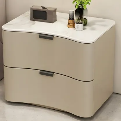 Modern Waved Stone Top Leather 2-Drawer Nightstand Image - 1