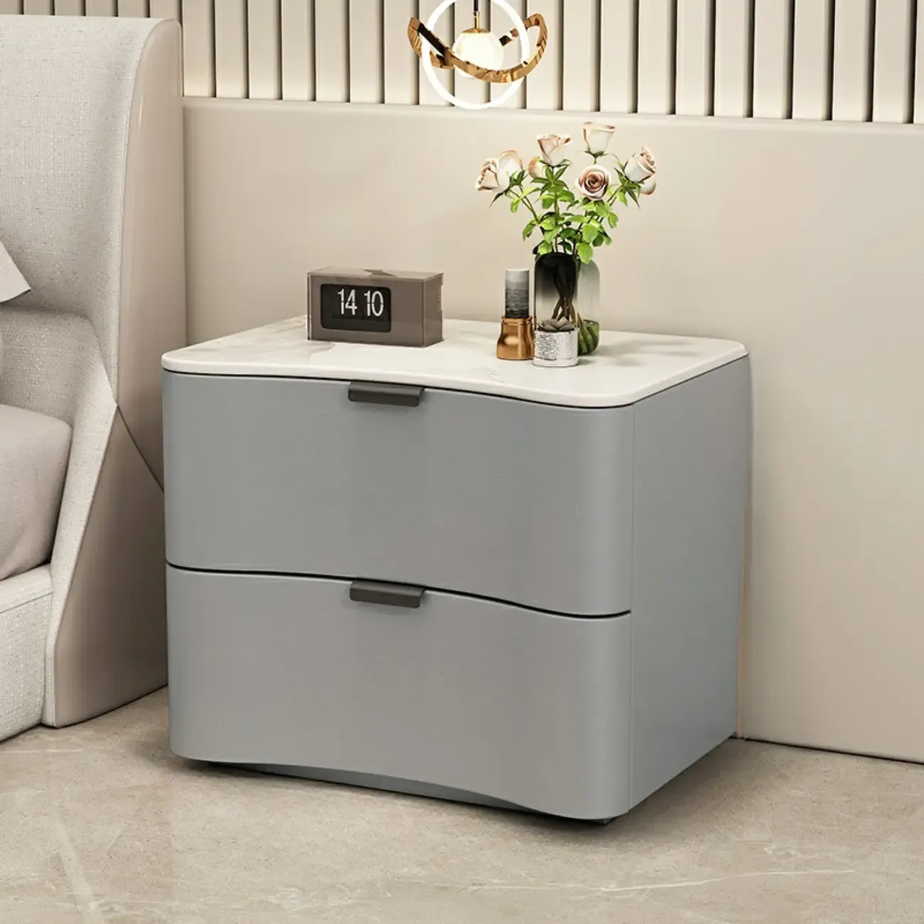 Modern Waved Stone Top Leather 2-Drawer Nightstand Image - 9