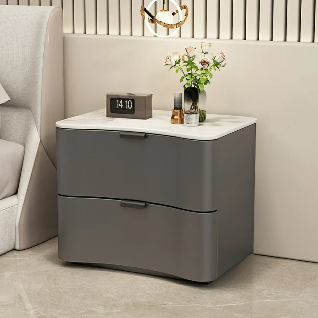 Modern Waved Stone Top Leather 2-Drawer Nightstand Image - 7
