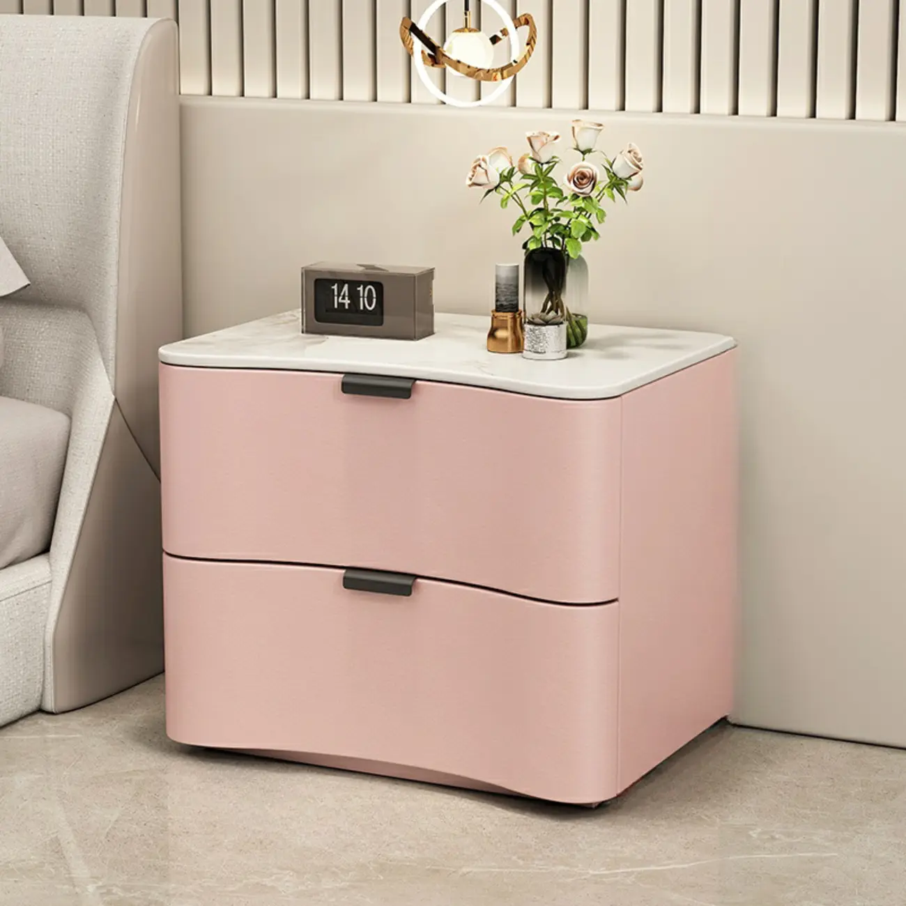 Modern Waved Stone Top Leather 2-Drawer Nightstand Image - 5 | homeyfad