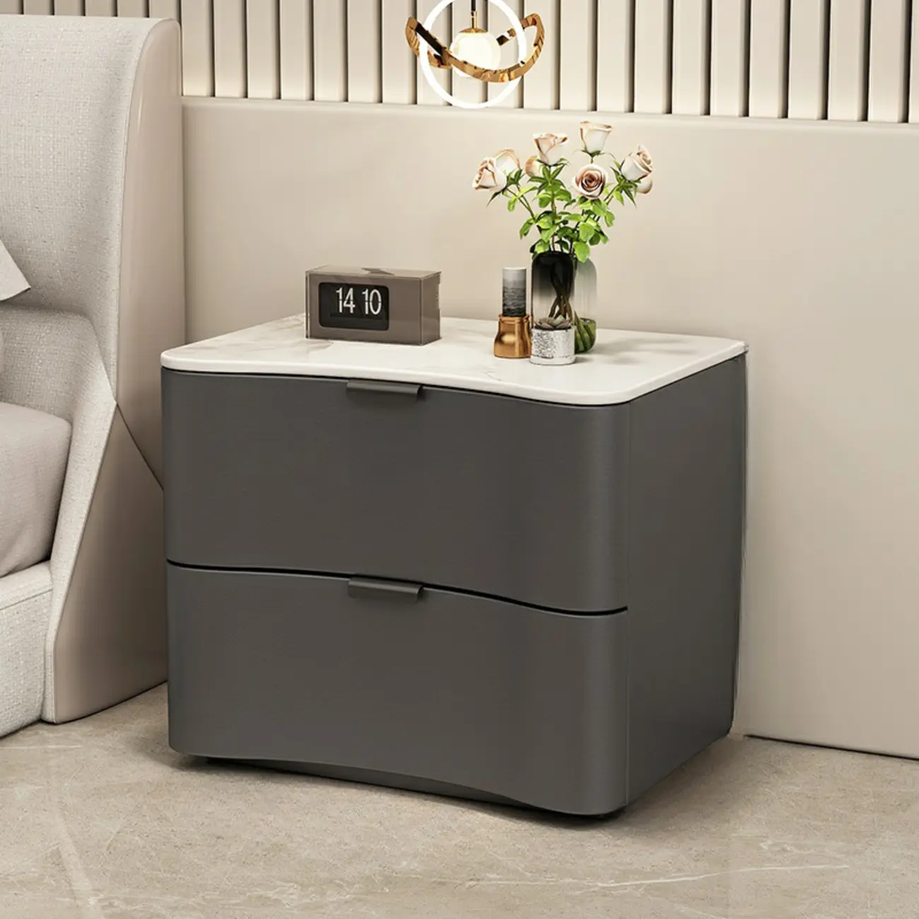 Modern Waved Stone Top Leather 2-Drawer Nightstand Image - 11 | homeyfad