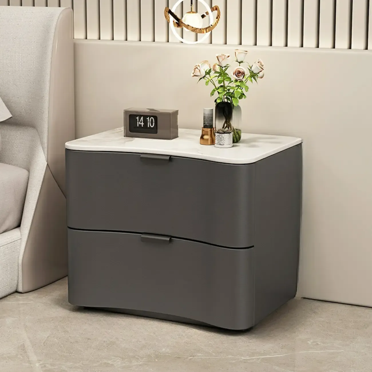 Modern Waved Stone Top Leather 2-Drawer Nightstand Image - 11