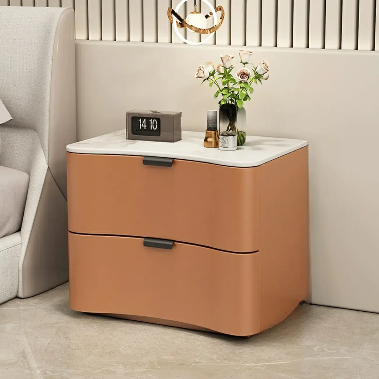 Modern Waved Stone Top Leather 2-Drawer Nightstand Image - 12