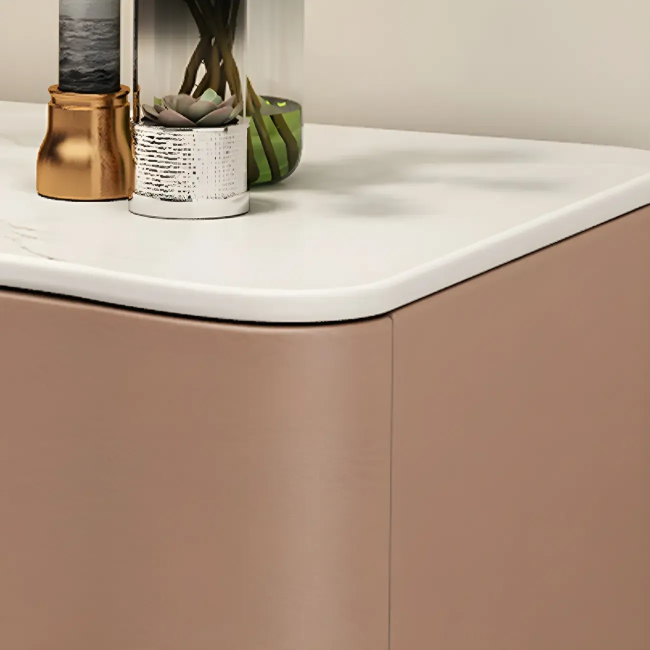 Modern Waved Stone Top Leather 2-Drawer Nightstand Image - 19