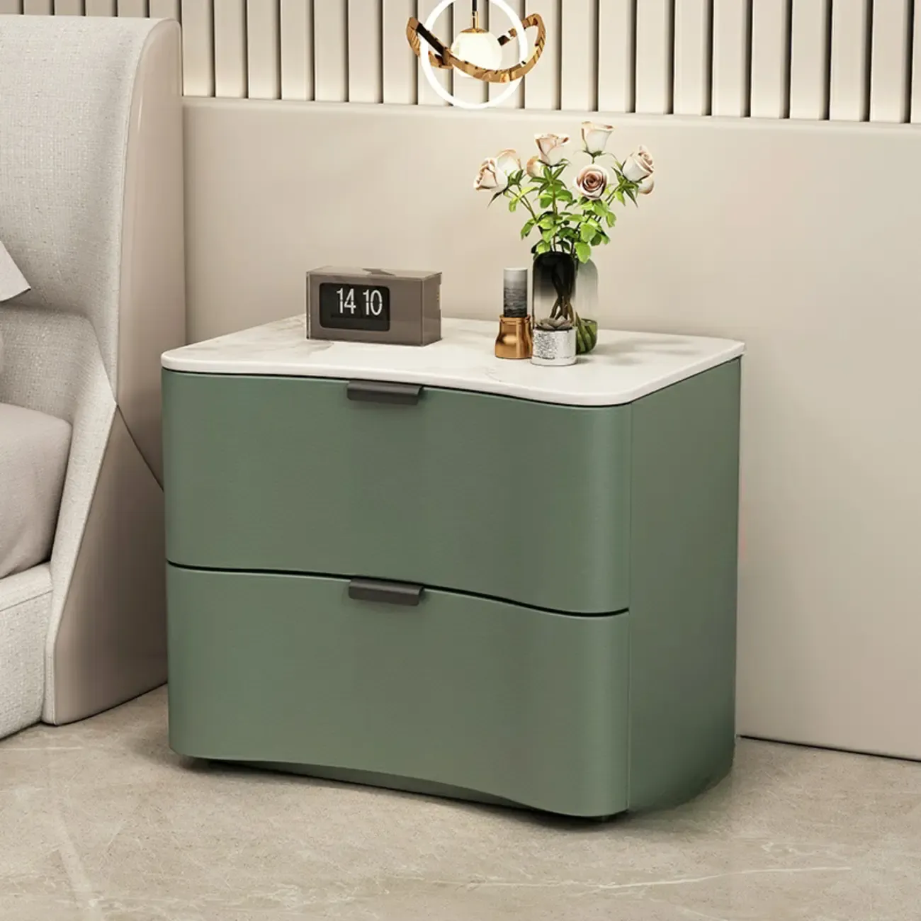 Modern Waved Stone Top Leather 2-Drawer Nightstand Image - 10