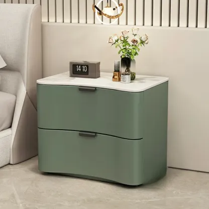 Modern Waved Stone Top Leather 2-Drawer Nightstand Image - 10
