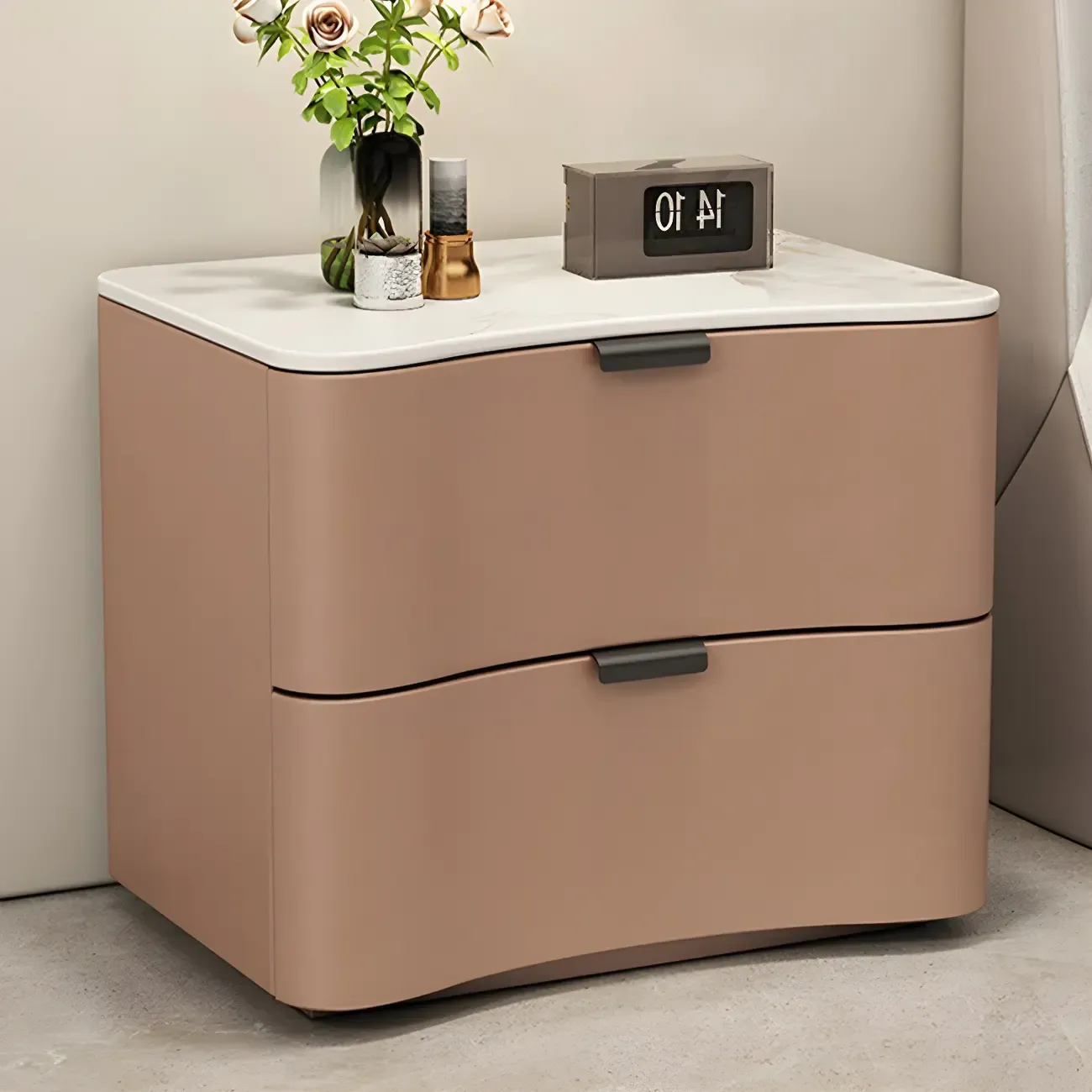 Modern Waved Stone Top Leather 2-Drawer Nightstand Image - 16
