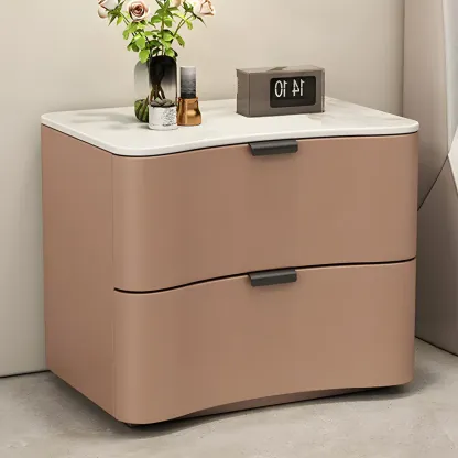 Modern Waved Stone Top Leather 2-Drawer Nightstand Image - 16