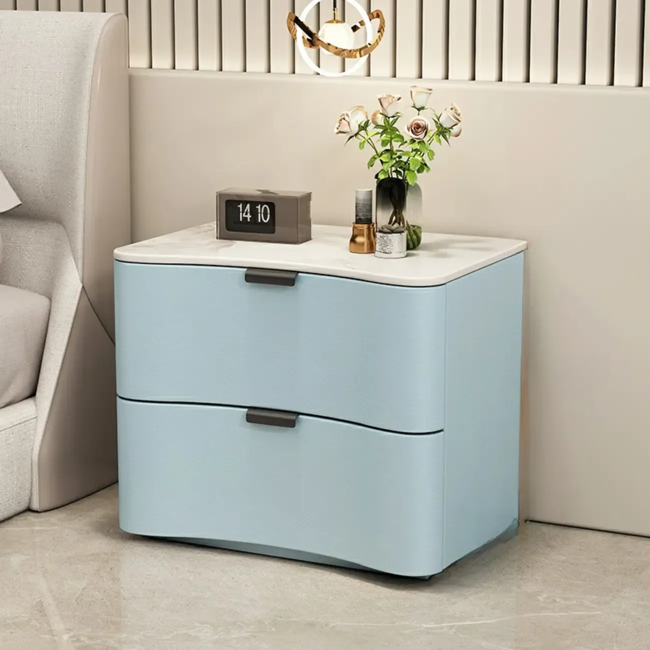 Modern Waved Stone Top Leather 2-Drawer Nightstand Image - 6