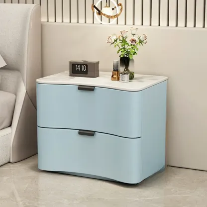 Modern Waved Stone Top Leather 2-Drawer Nightstand Image - 6