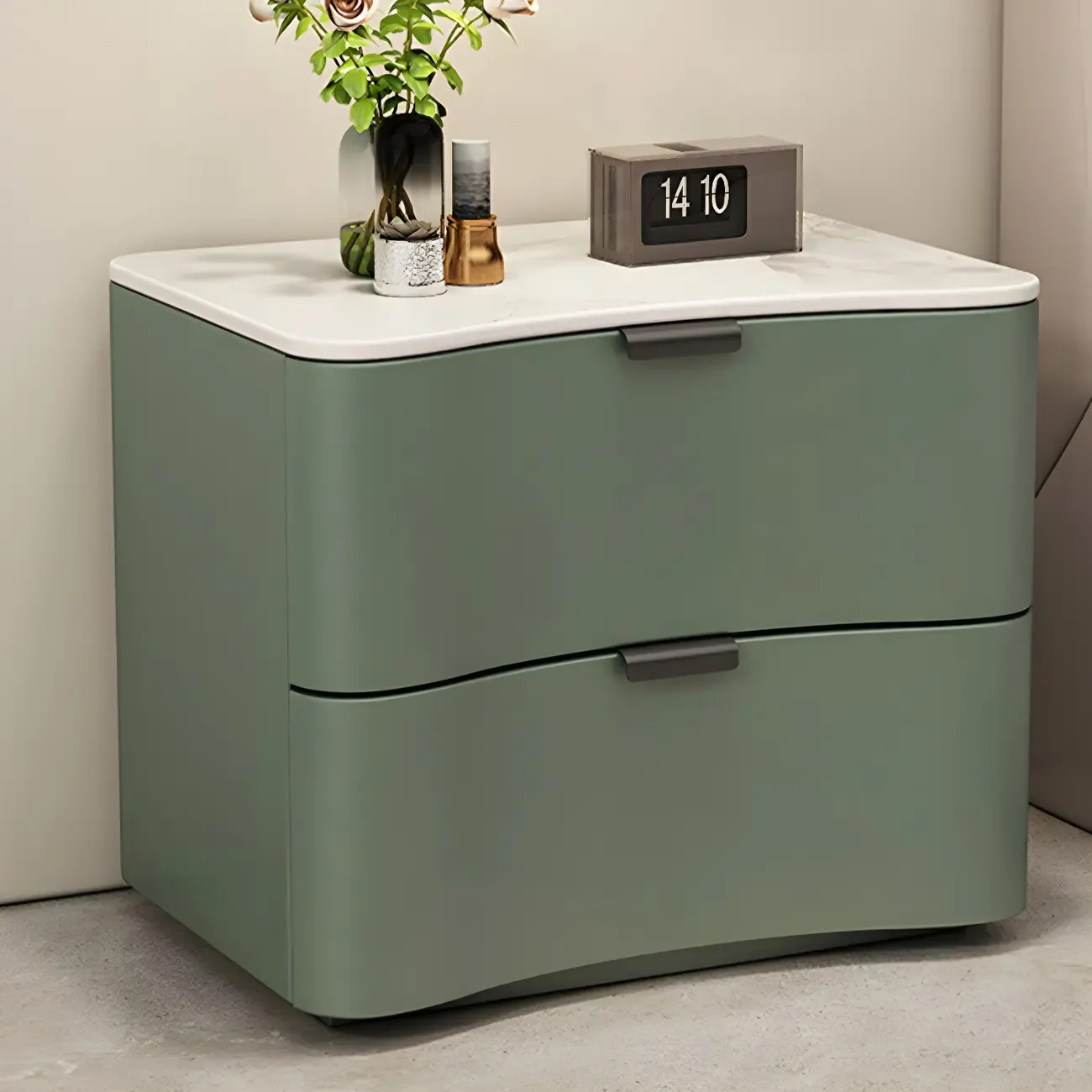 Modern Waved Stone Top Leather 2-Drawer Nightstand Image - 17
