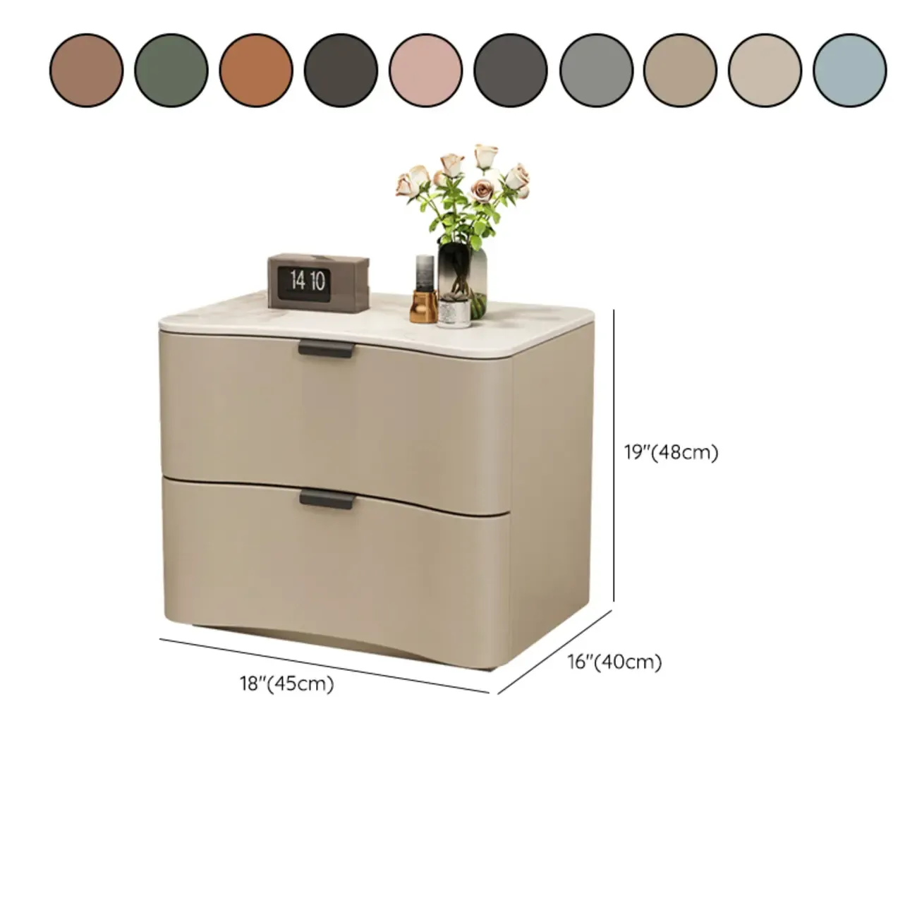 Modern Waved Stone Top Leather 2-Drawer Nightstand Image - 22