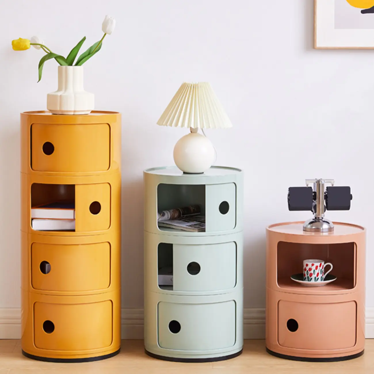 Modern Round Acrylic Bedside Table Storage Geometry Nightstand Image - 1 | homeyfad