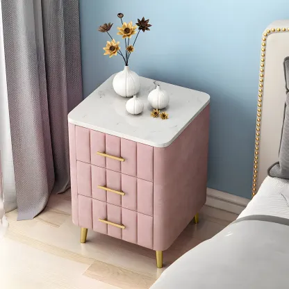 Modern Suede Grey Gold Marble-Topped 3-Drawer Nightstand Image - 2