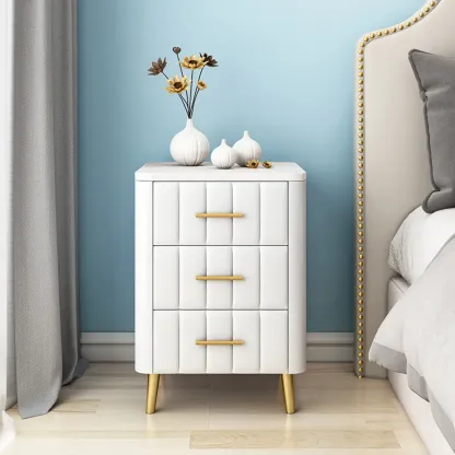 Modern Suede Grey Gold Marble-Topped 3-Drawer Nightstand Image - 3