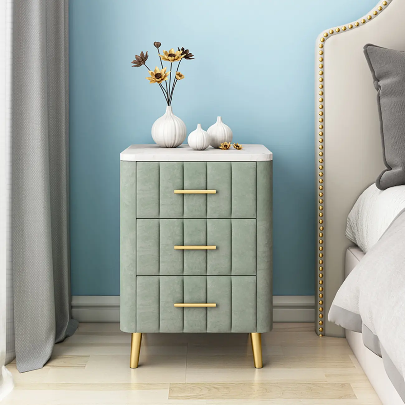 Modern Suede Grey Gold Marble-Topped 3-Drawer Nightstand Image - 4 | homeyfad