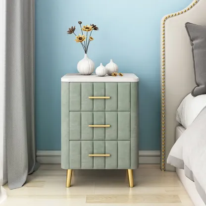 Modern Suede Grey Gold Marble-Topped 3-Drawer Nightstand Image - 4