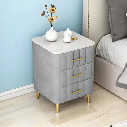 Modern Suede Grey Gold Marble-Topped 3-Drawer Nightstand Image - 1