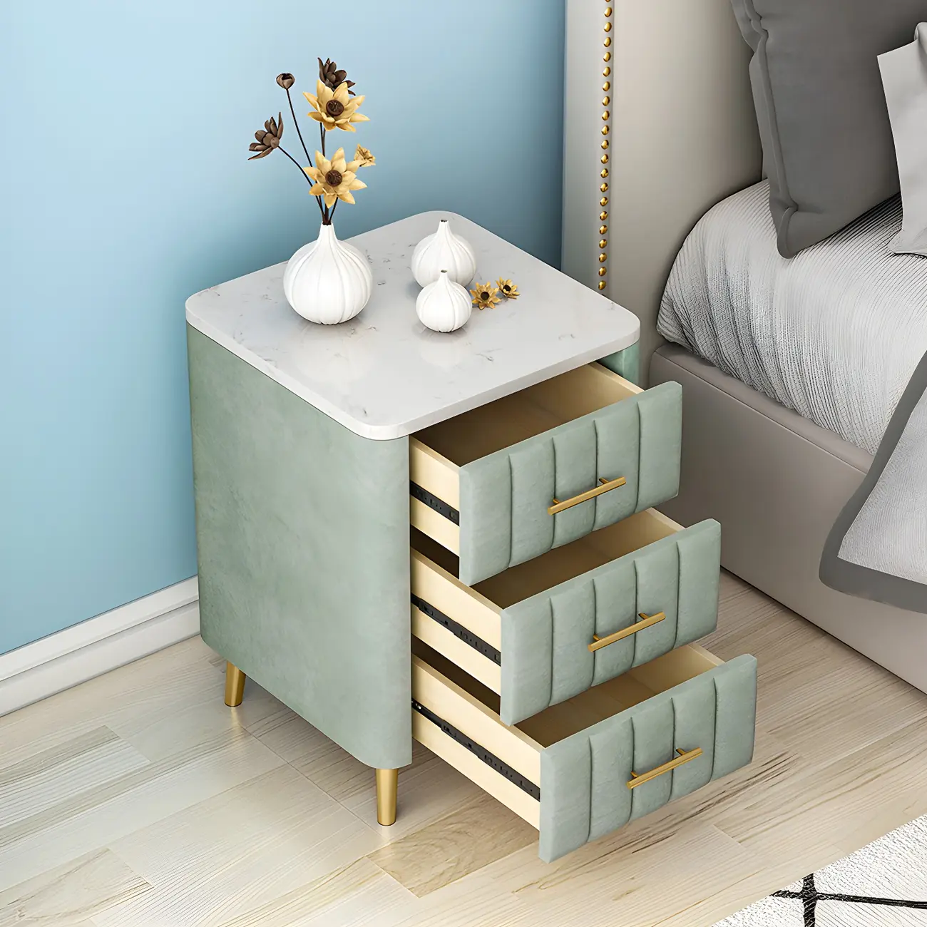 Modern Suede Grey Gold Marble-Topped 3-Drawer Nightstand Image - 7 | homeyfad
