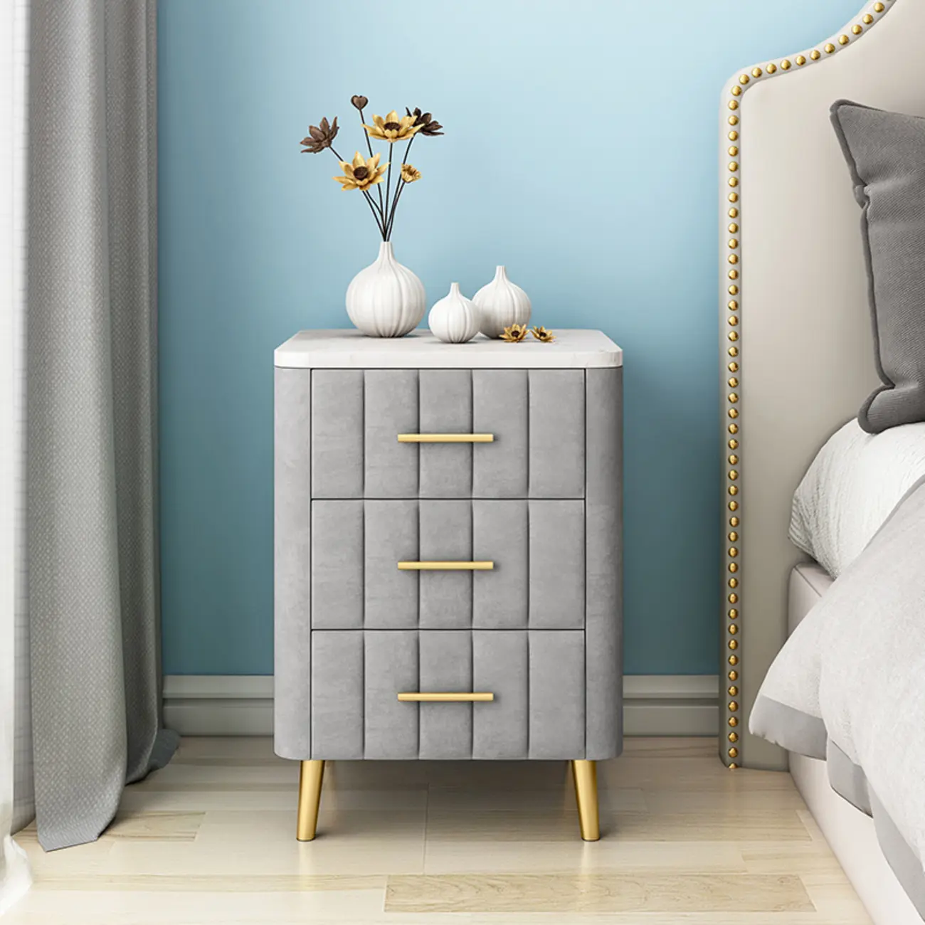 Modern Suede Grey Gold Marble-Topped 3-Drawer Nightstand Image - 6 | homeyfad