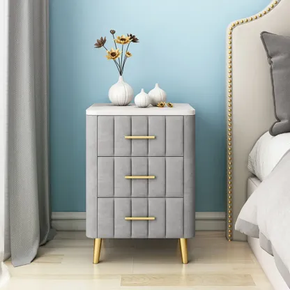 Modern Suede Grey Gold Marble-Topped 3-Drawer Nightstand Image - 6