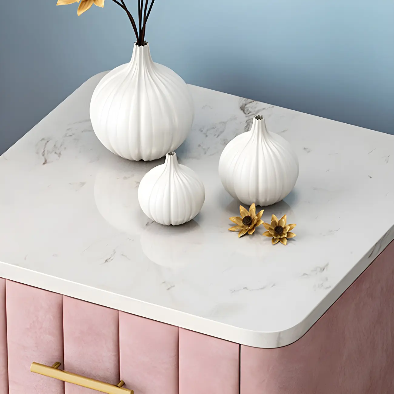 Modern Suede Grey Gold Marble-Topped 3-Drawer Nightstand Image - 9 | homeyfad