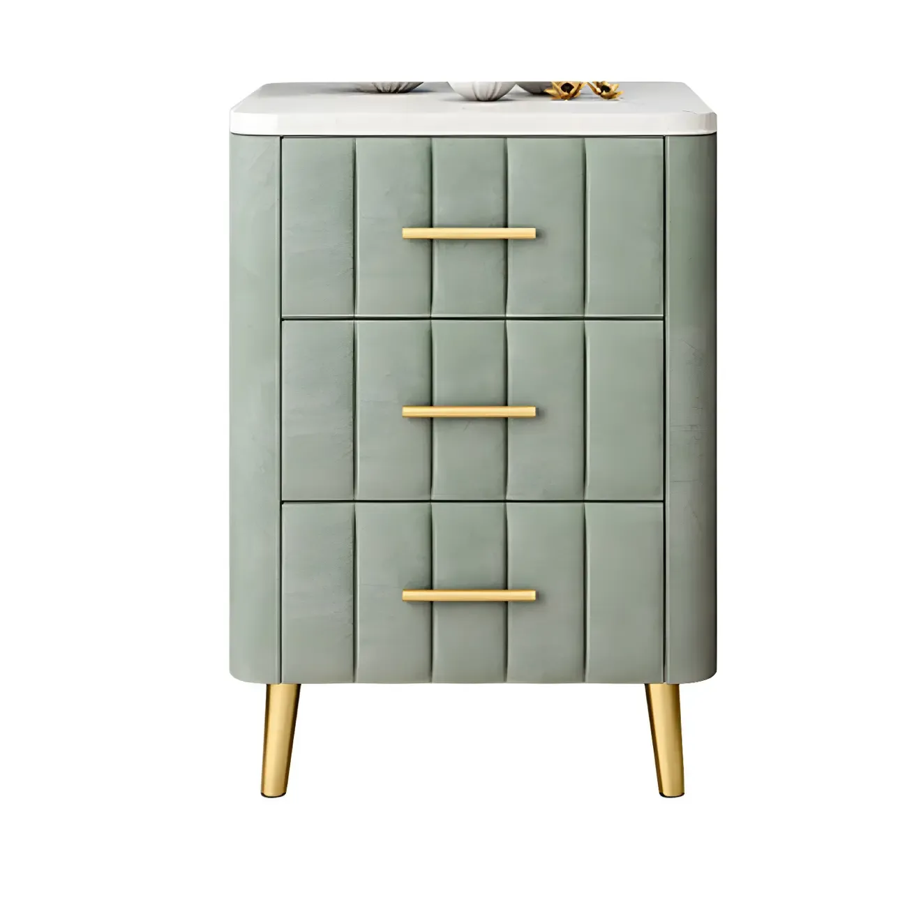 Modern Suede Grey Gold Marble-Topped 3-Drawer Nightstand Image - 8