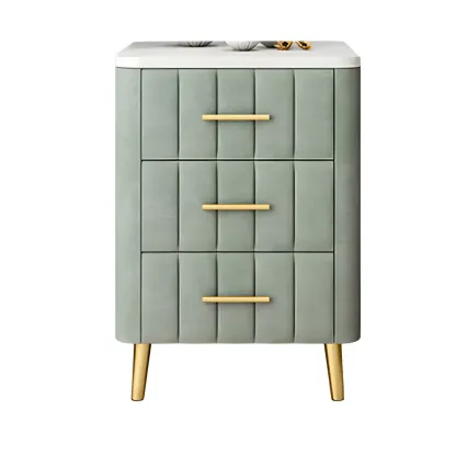 Modern Suede Grey Gold Marble-Topped 3-Drawer Nightstand Image - 8