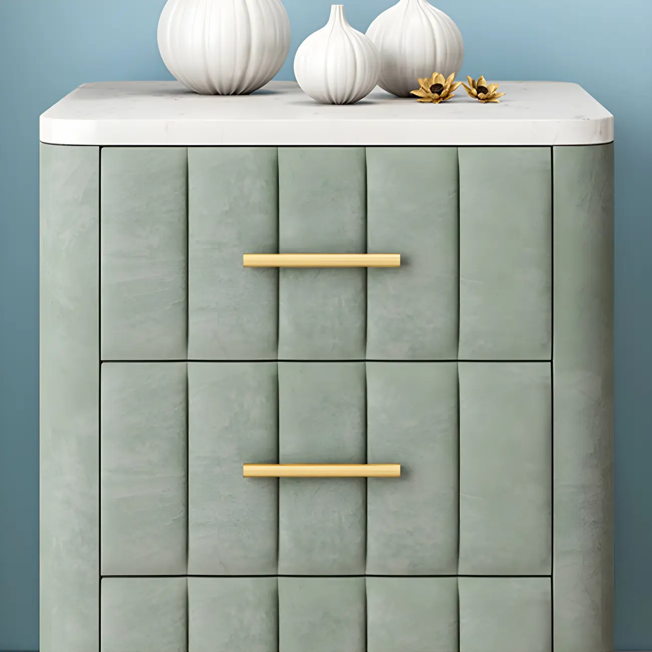 Modern Suede Grey Gold Marble-Topped 3-Drawer Nightstand Image - 10 | homeyfad