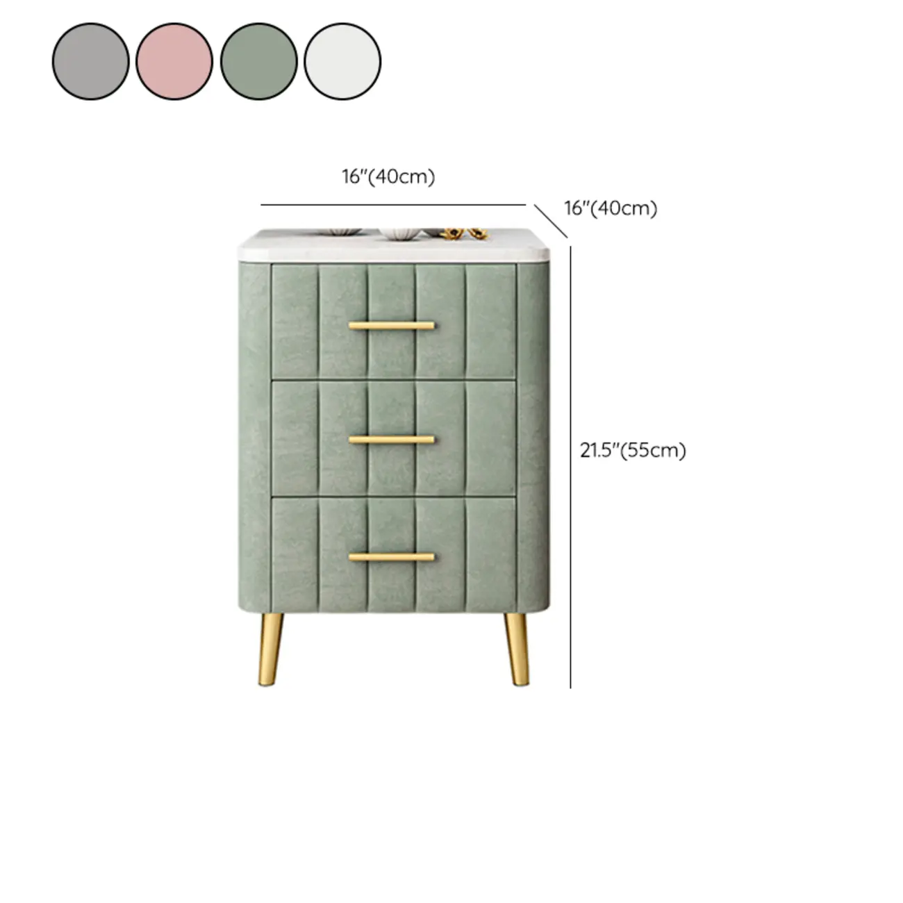 Modern Suede Grey Gold Marble-Topped 3-Drawer Nightstand #size