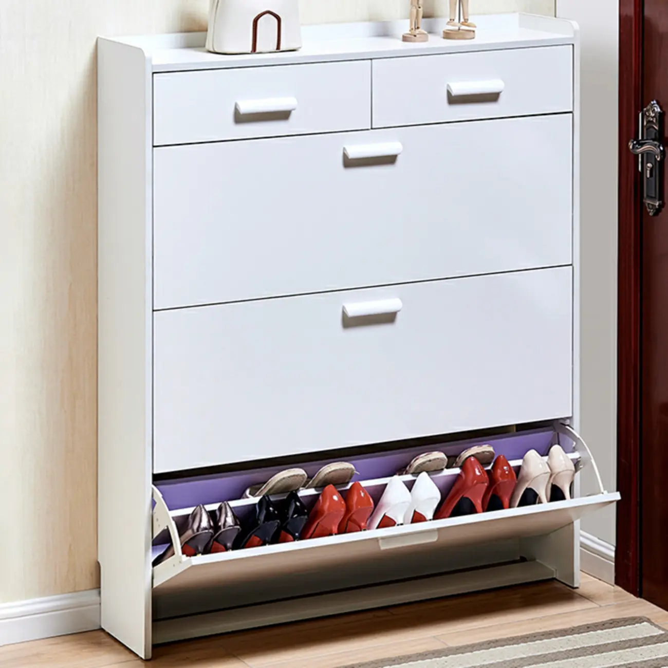 Narrow Wall-Mounted White Shoe Cabinet with Drawers Image - 2 | homeyfad