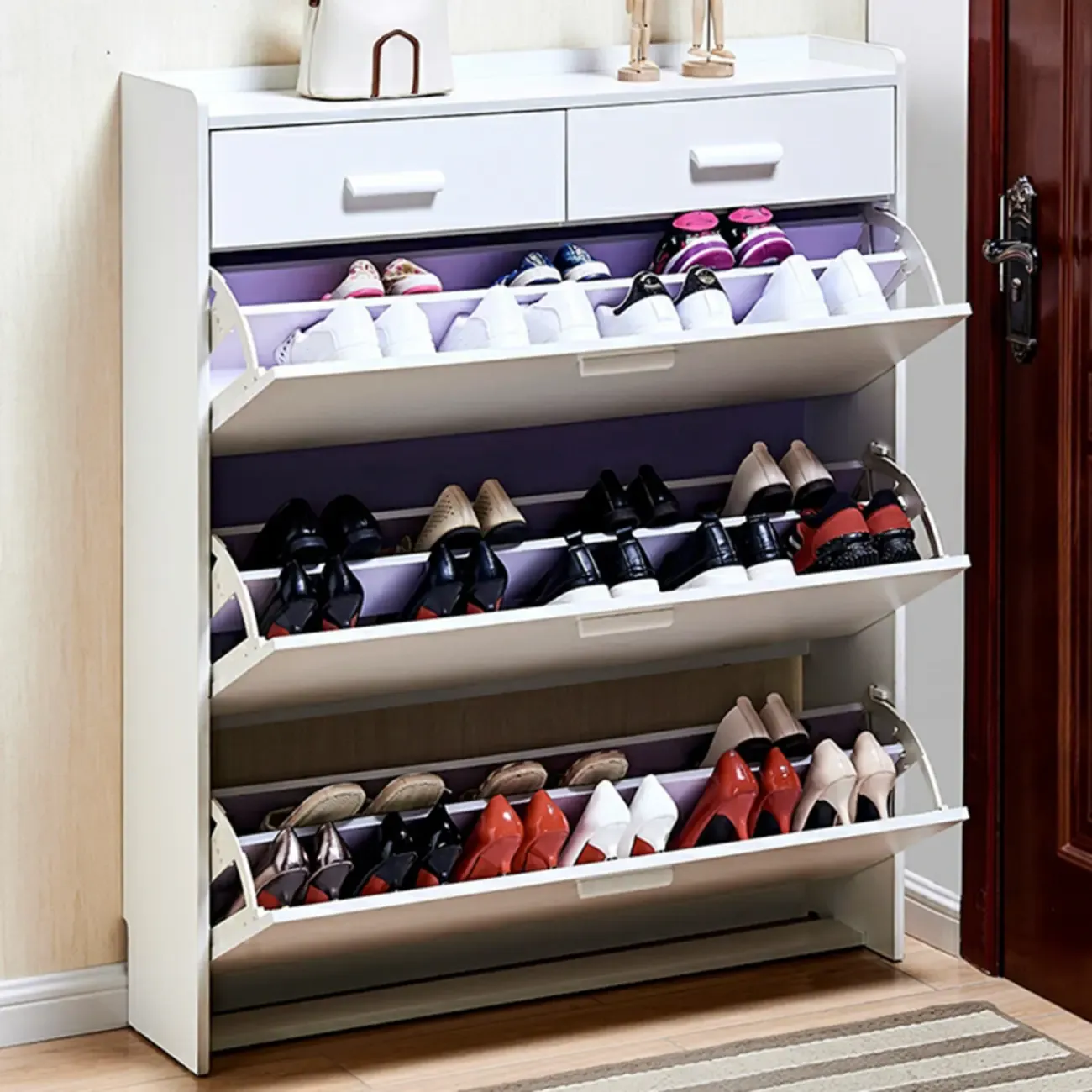 Narrow Wall-Mounted White Shoe Cabinet with Drawers Image - 1