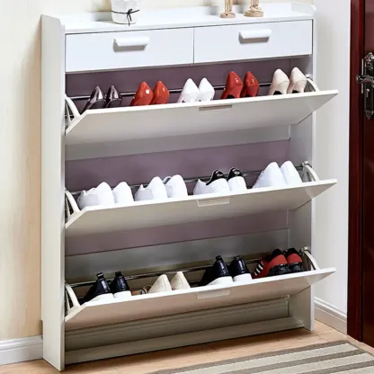 Narrow Wall-Mounted White Shoe Cabinet with Drawers Image - 4