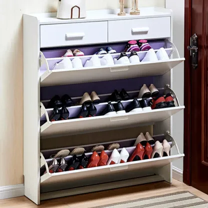 Narrow Wall-Mounted White Shoe Cabinet with Drawers Image - 7