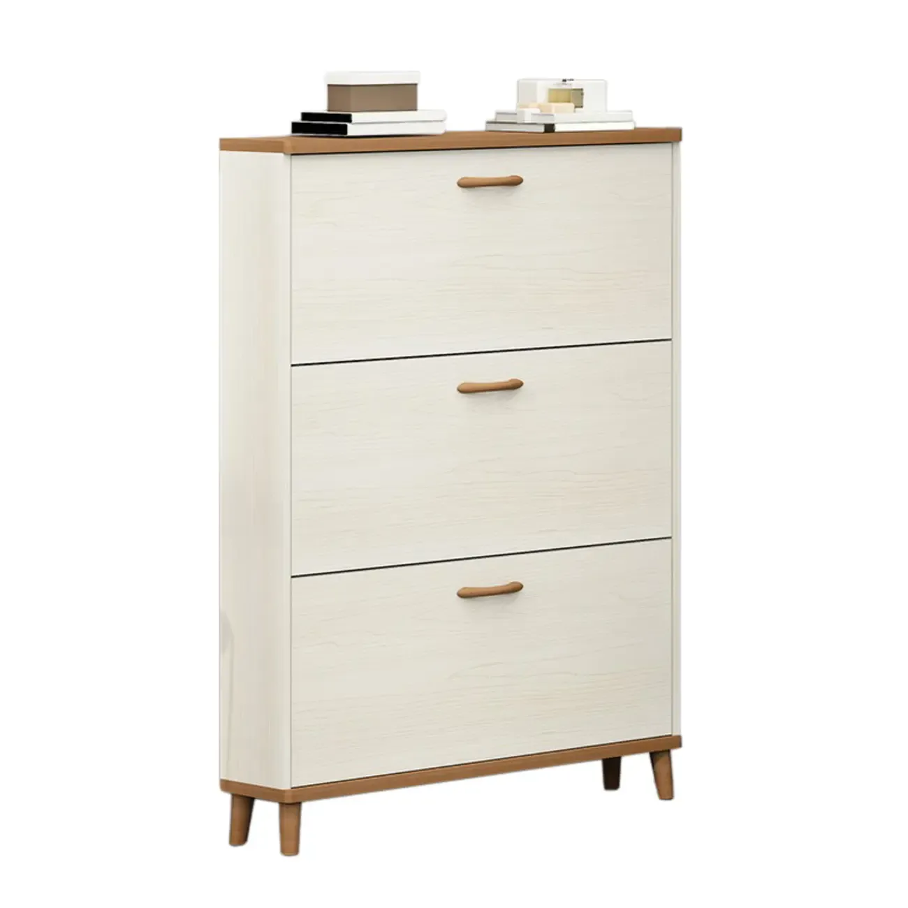 Narrow Beige Solid Wood Drop Front Shoe Cabinet Image - 3