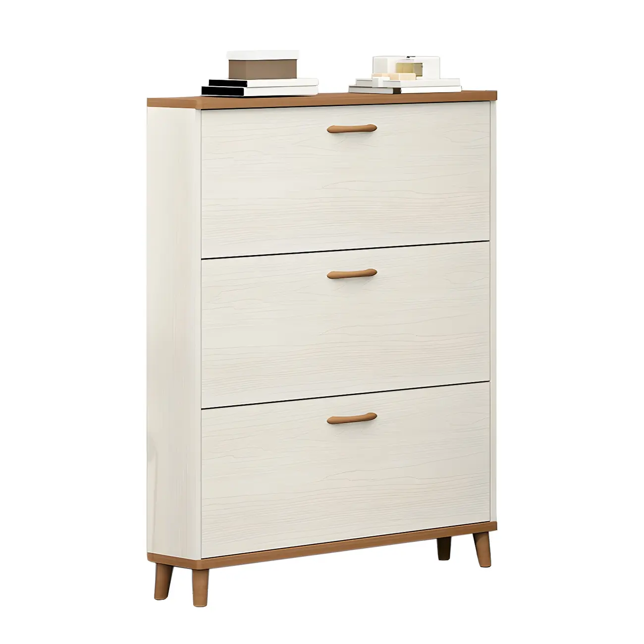 Narrow Beige Solid Wood Drop Front Shoe Cabinet Image - 7 | homeyfad