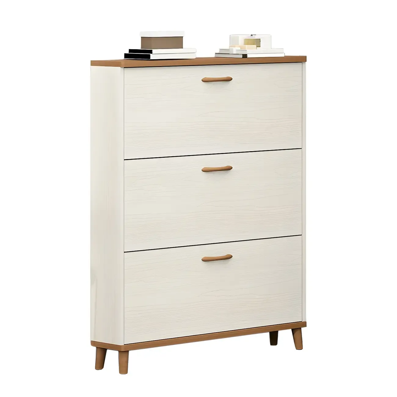 Narrow Beige Solid Wood Drop Front Shoe Cabinet Image - 7