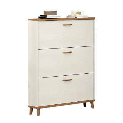 Narrow Beige Solid Wood Drop Front Shoe Cabinet Image - 7