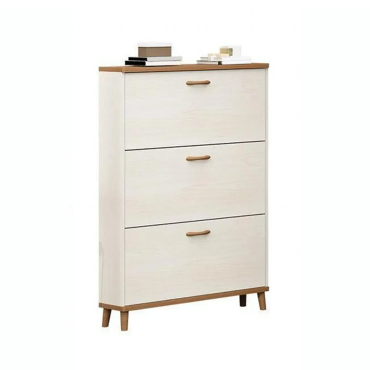 Narrow Beige Solid Wood Drop Front Shoe Cabinet Image - 9
