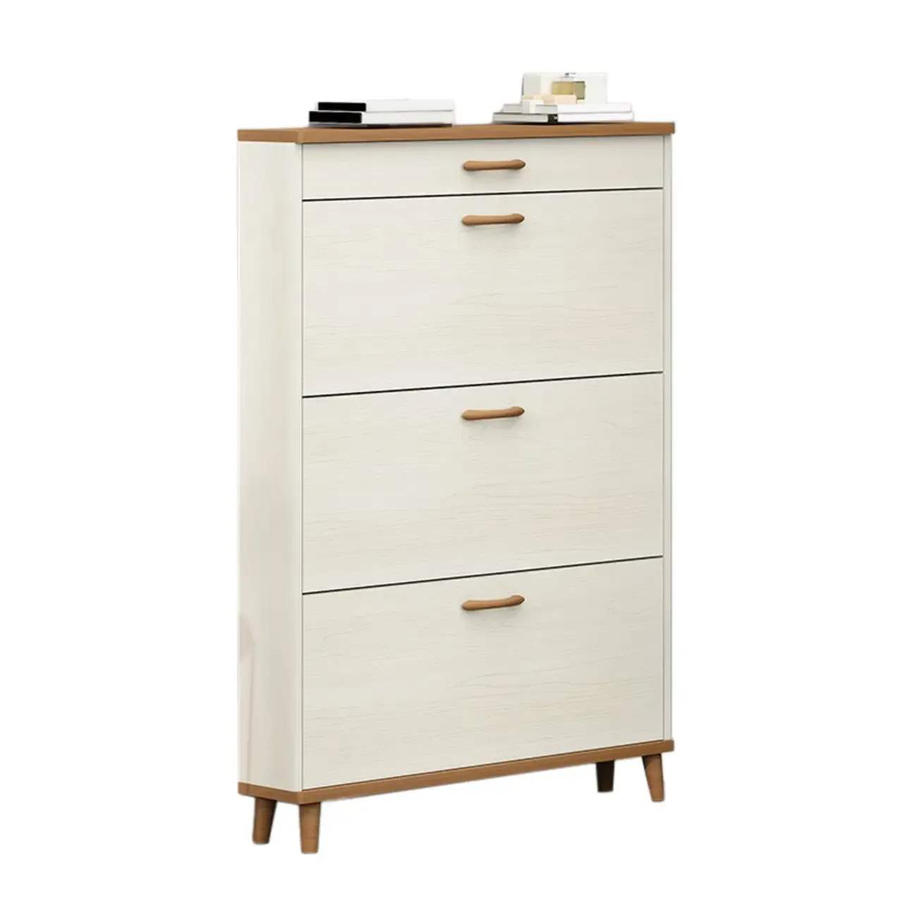 Narrow Beige Solid Wood Drop Front Shoe Cabinet Image - 11