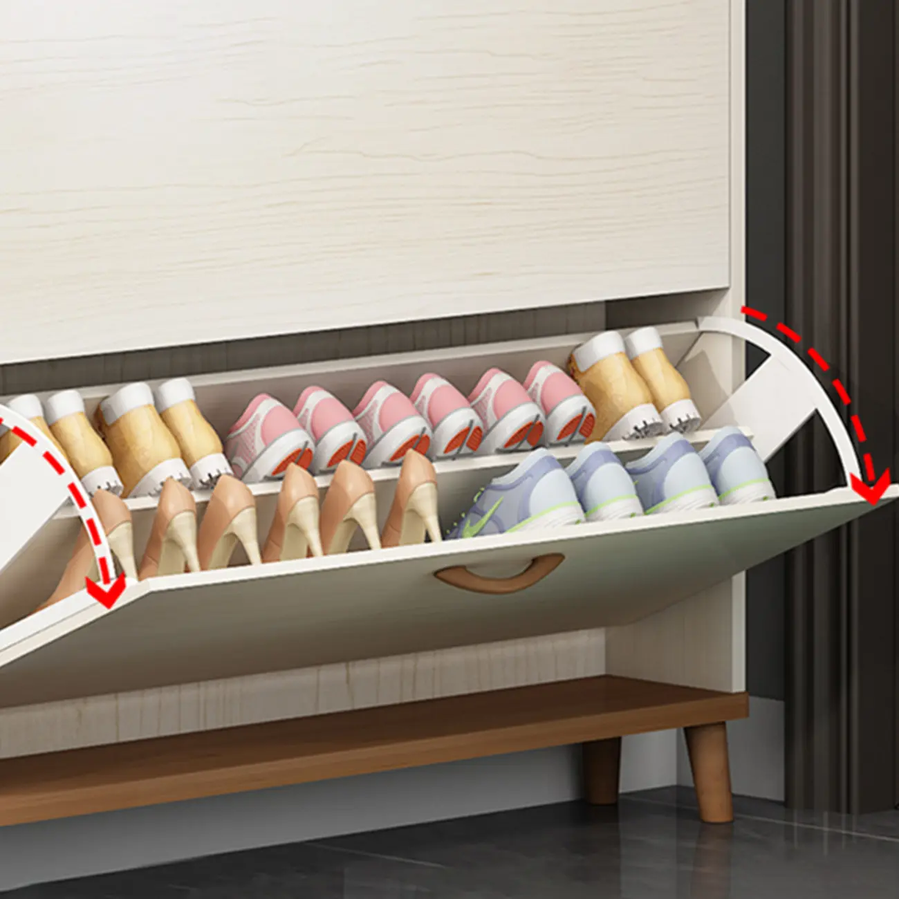 Narrow Beige Solid Wood Drop Front Shoe Cabinet Image - 12 | homeyfad
