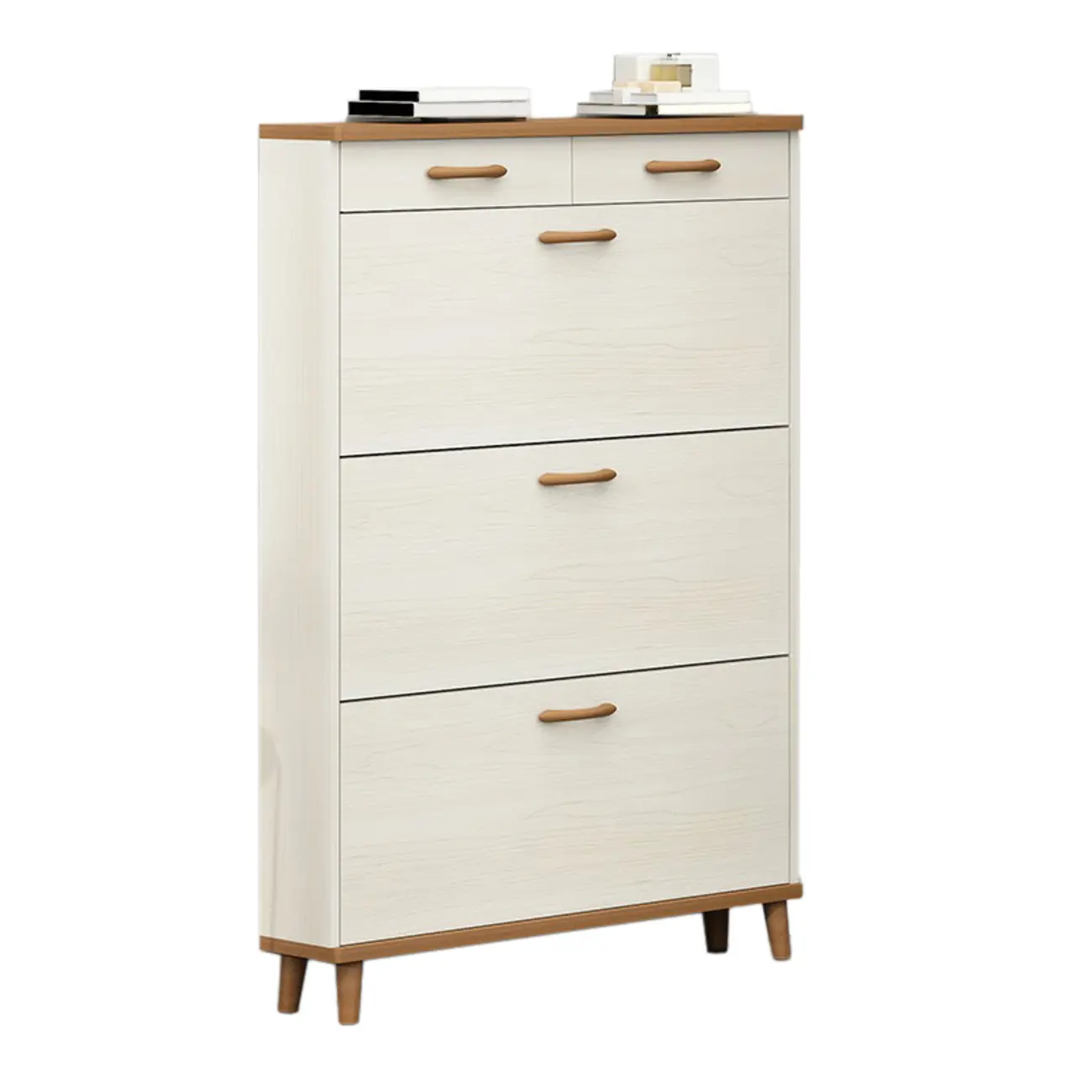 Narrow Beige Solid Wood Drop Front Shoe Cabinet Image - 14 | homeyfad