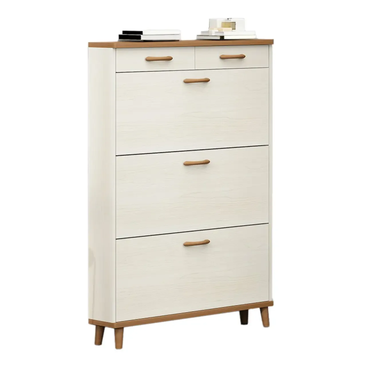 Narrow Beige Solid Wood Drop Front Shoe Cabinet Image - 14
