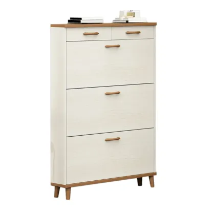 Narrow Beige Solid Wood Drop Front Shoe Cabinet Image - 14
