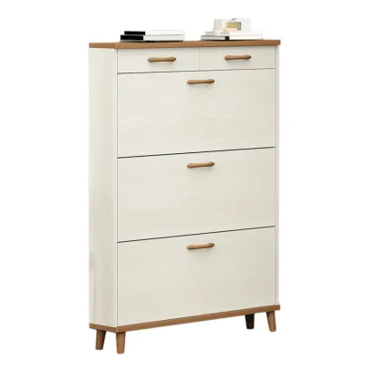 Narrow Beige Solid Wood Drop Front Shoe Cabinet Image - 16
