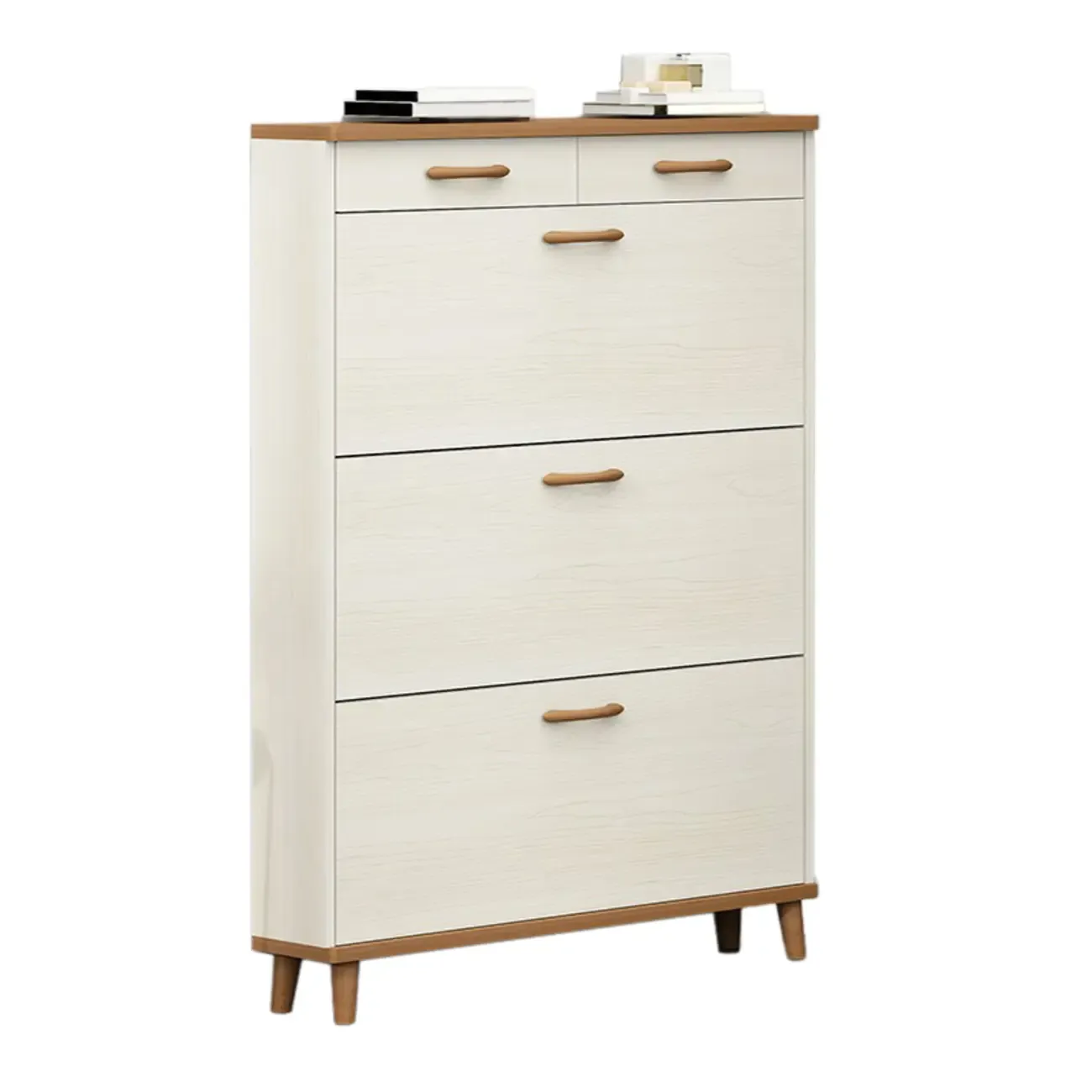 Narrow Beige Solid Wood Drop Front Shoe Cabinet Image - 18