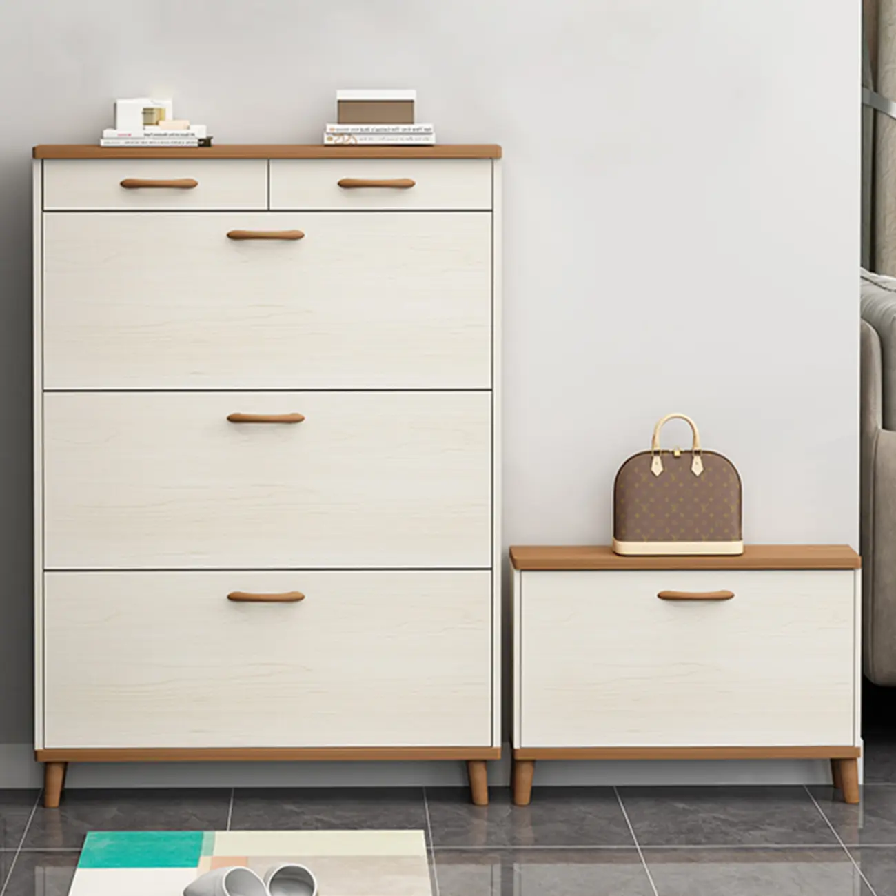 Narrow Beige Solid Wood Drop Front Shoe Cabinet Image - 21 | homeyfad