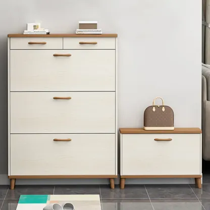 Narrow Beige Solid Wood Drop Front Shoe Cabinet Image - 21