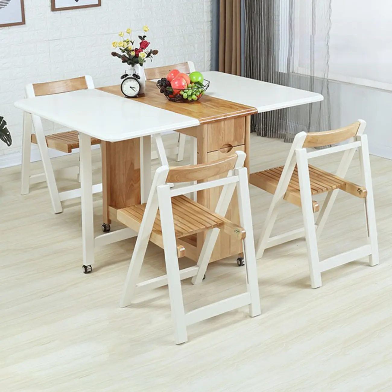 Light Wood Casters Folding Dining Table with Chair Storage Image - 1 | homeyfad