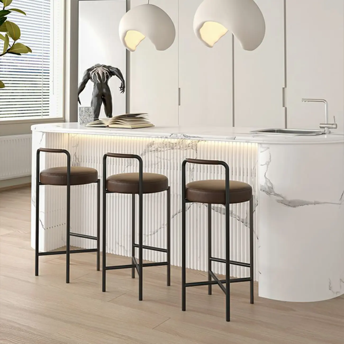 Round Black Faux Leather Bar Stool with Footrest Image - 1 | homeyfad